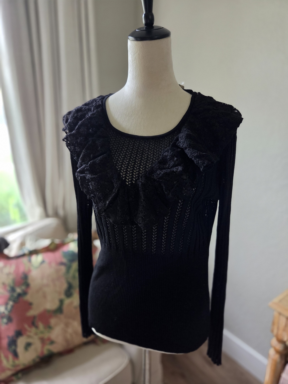 Anthropologie Black Lace-Ruffle Long Sleeve Knit Top